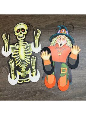 Vintage Beistle Halloween Skeleton & Witch Die Cut Action Dancers Honeycomb 1984